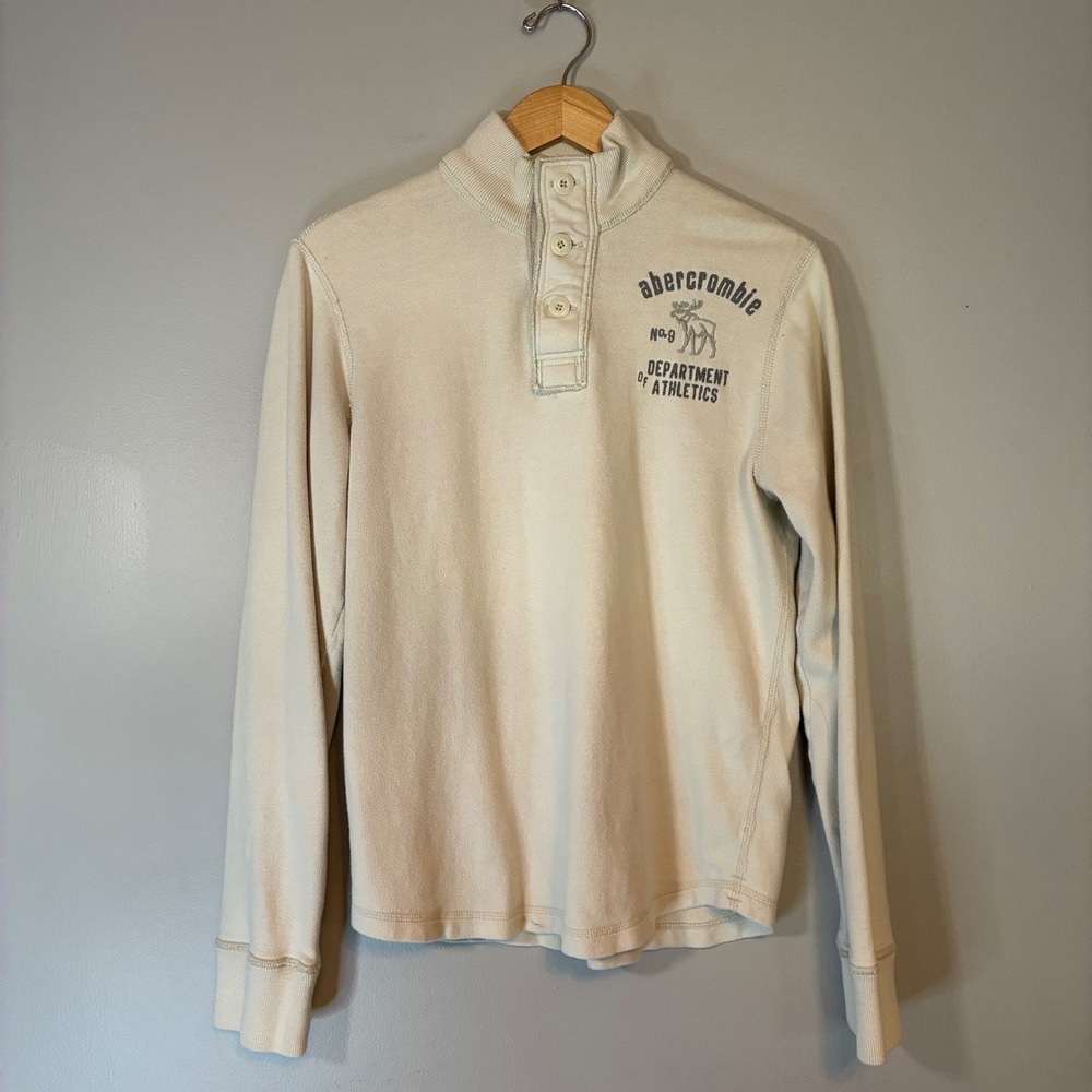 Vtg‎ Y2K Abercrombie 1892 Boys XL Henley Knit Mock Neck Pullover Cream Graphic